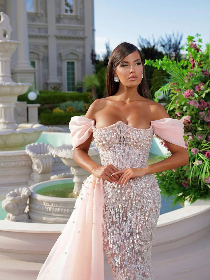 Luxurious Pink Off-the-shoulder Prom Dress Mermaid Dress With Beads YB0039