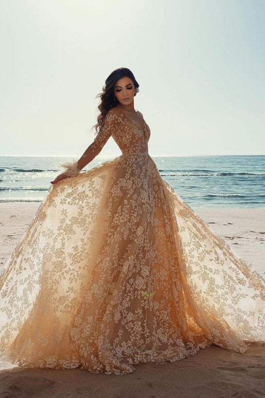 Elegant Long A-line Wedding Dress Featuring Lace and a Train