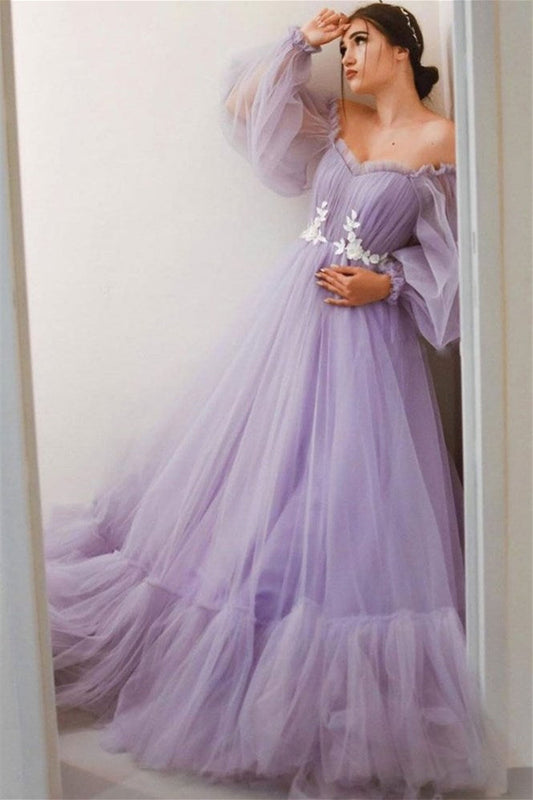 Stunning Long Sleeves Tulle Prom Dresses Off-the-Shoulder Long