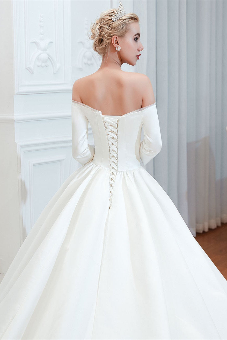 Off-the-Shoulder Satin Wedding Gown with Half Sleeves