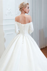 Off-the-Shoulder Satin Wedding Gown with Half Sleeves
