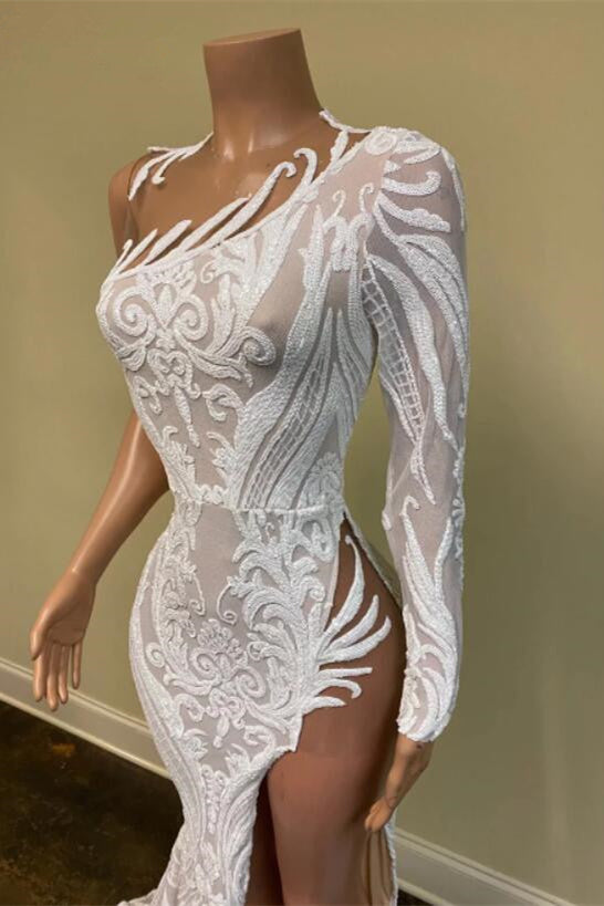White One-Shoulder Long Sleeves Prom Dress Mermaid Sequins Lace with Split