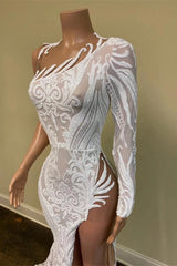 White One-Shoulder Long Sleeves Prom Dress Mermaid Sequins Lace with Split