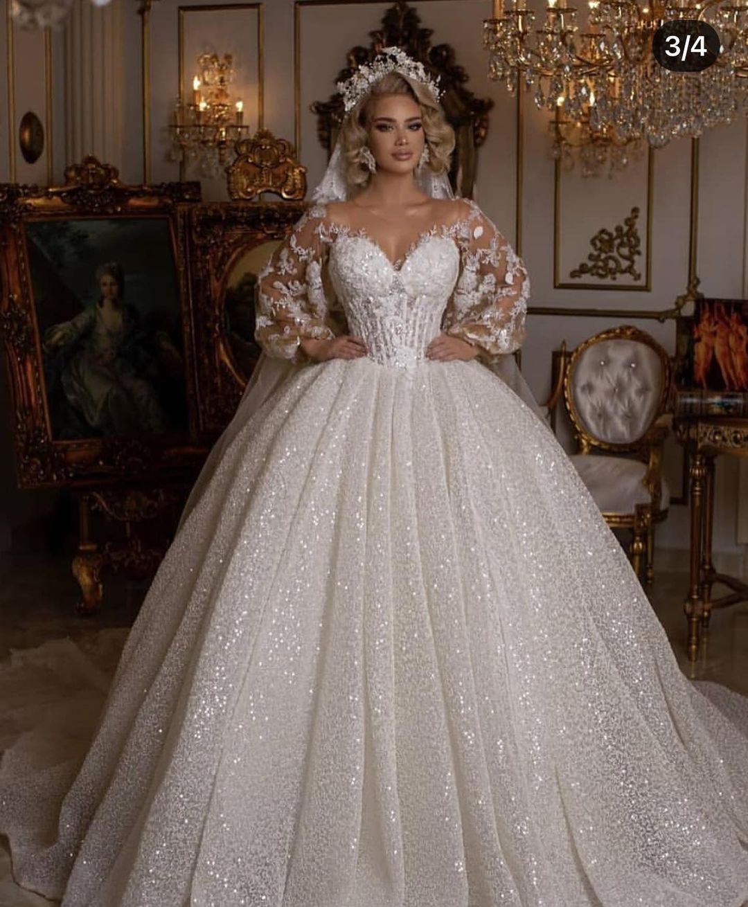 Elegant Ball Gown Wedding Dress Featuring Long Puffy Sleeves and Appliques