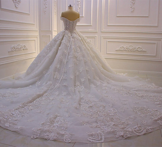 Sweetheart Off-the-Shoulder Backless Wedding Dress with Lace Ruffles and Tulle Appliques by Miabel