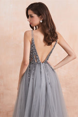 Gorgeous Silver Grey V-Neck Prom Dress Tulle Split With Beads