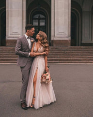 Boho Elegance: Long V-neck A-line Wedding Dress with Tulle Lace and Slit Appliques