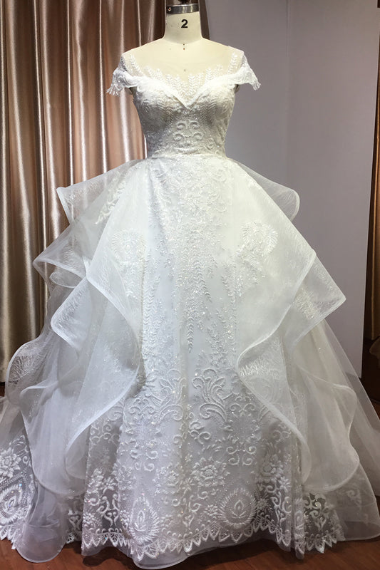 Wedding Ball Gown with Vintage Sequins, Tulle Appliques, and Ruffles