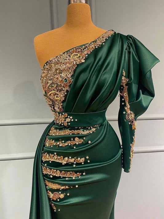 Classic Dark Green One Shoulder Mermaid Prom Dress With Beads