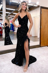 Charming Spaghetti-Straps Velvet Sequins Mermaid Prom Dress Sleeveless Split With Feather