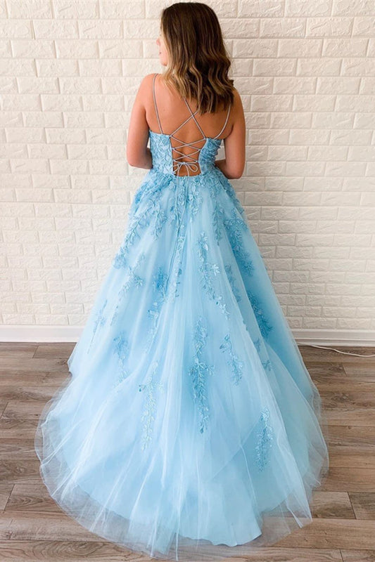 Stunning Sky Blue Appliques Spaghetti-Straps Prom Dress A-Line