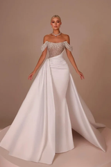 White Off-the-Shoulder Sequins Long Prom Dress Sleeveless with Beads