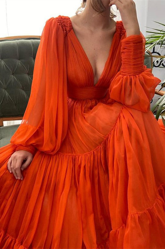 Elegant Deep V-Neck Long Sleeves Prom Dress Bubble Sleeves