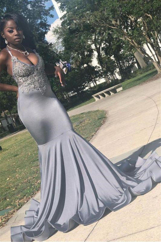Gorgeous Spaghetti-Straps Mermaid Prom Dress Sleeveless V-Neck With Appliques