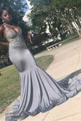 Gorgeous Spaghetti-Straps Mermaid Prom Dress Sleeveless V-Neck With Appliques