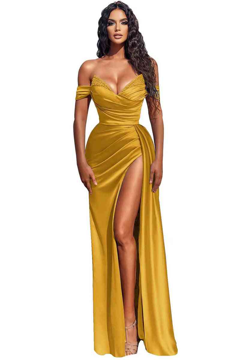 Modern Off-the-Shoulder Dusty Blue Mermaid Prom Dress With Slit