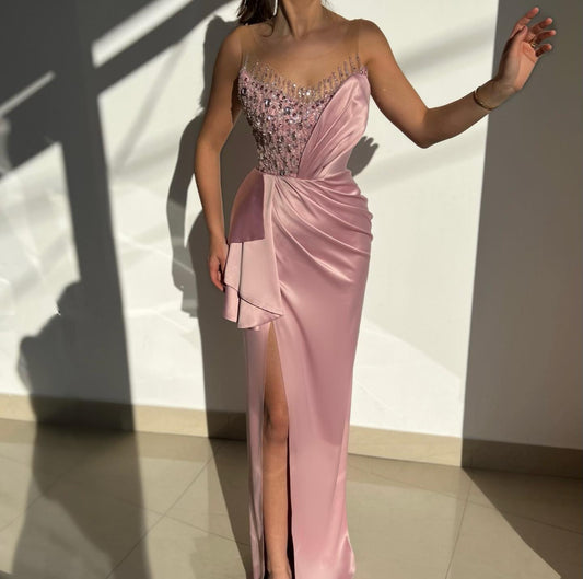 Modern Pink Sleeveless Scoop Mermaid Prom Dress Beads With Split
