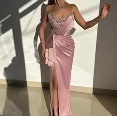 Modern Pink Sleeveless Scoop Mermaid Prom Dress Beads With Split