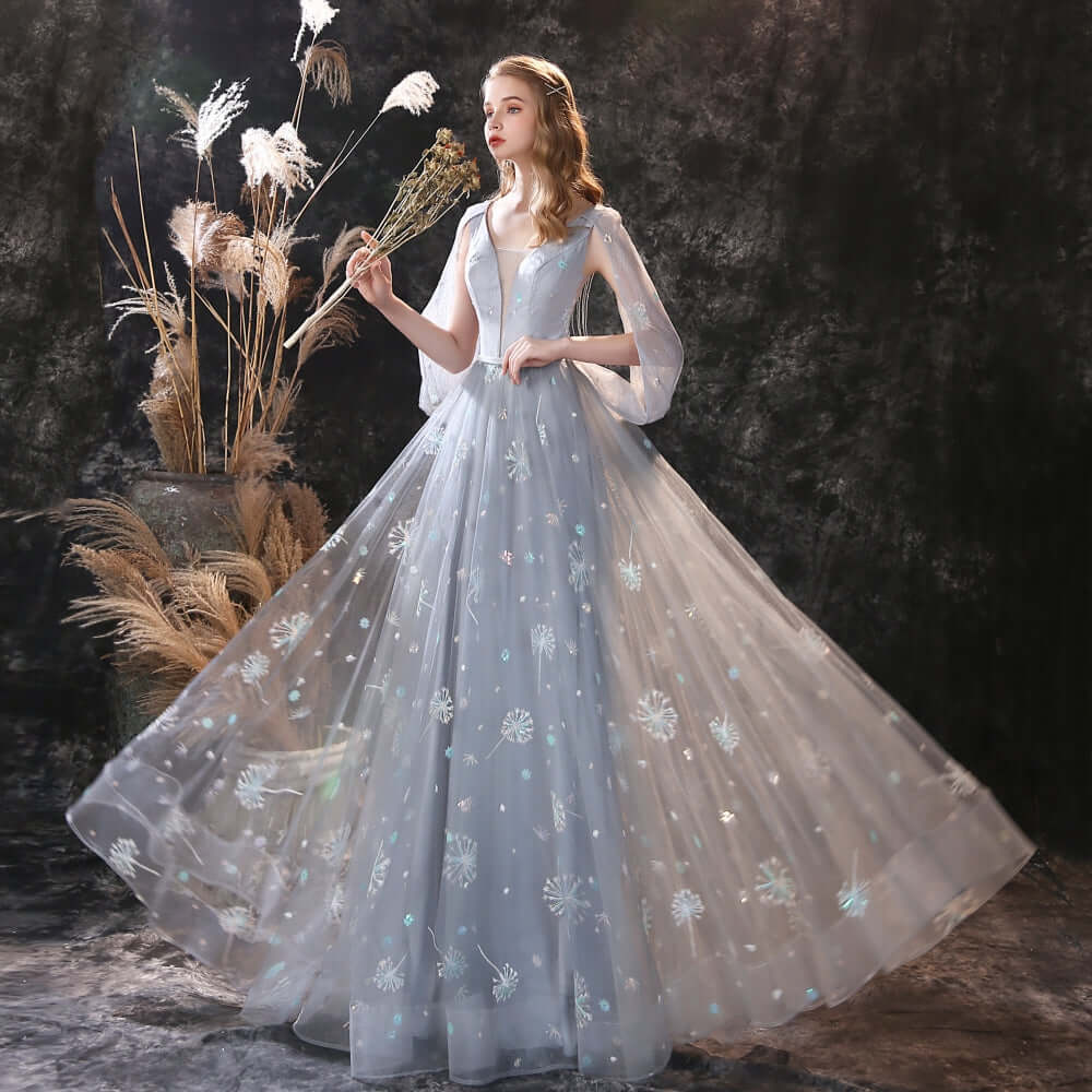 New Arrival Grey Ruffles Long Prom Dress Tulle With Embrodiary