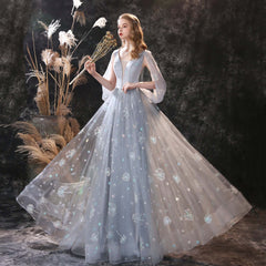 New Arrival Grey Ruffles Long Prom Dress Tulle With Embrodiary