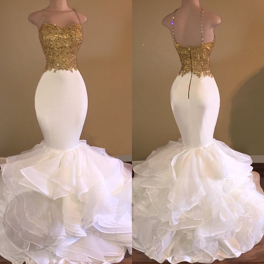 Elegant Spaghetti-Straps Gold Appliques Mermaid Prom Dress Sleeveless