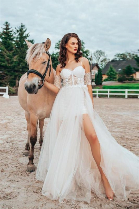 Wedding Dress with Detachable Spaghetti Straps and Lace Split