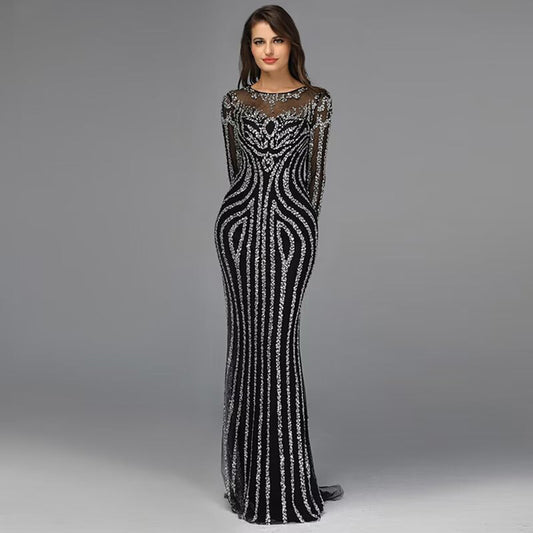 Grey Luxury Long Sleeves Sparkly Evening Dress Mermaid Sexy Diamond Beading Formal Dress