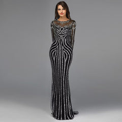 Grey Luxury Long Sleeves Sparkly Evening Dress Mermaid Sexy Diamond Beading Formal Dress