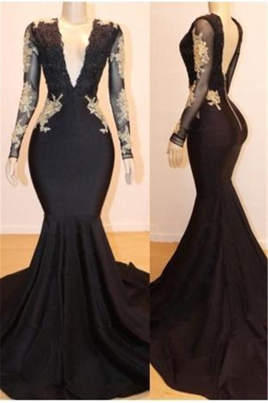 Black Long Sleeves MermaidProm Dresses With Lace Appliques