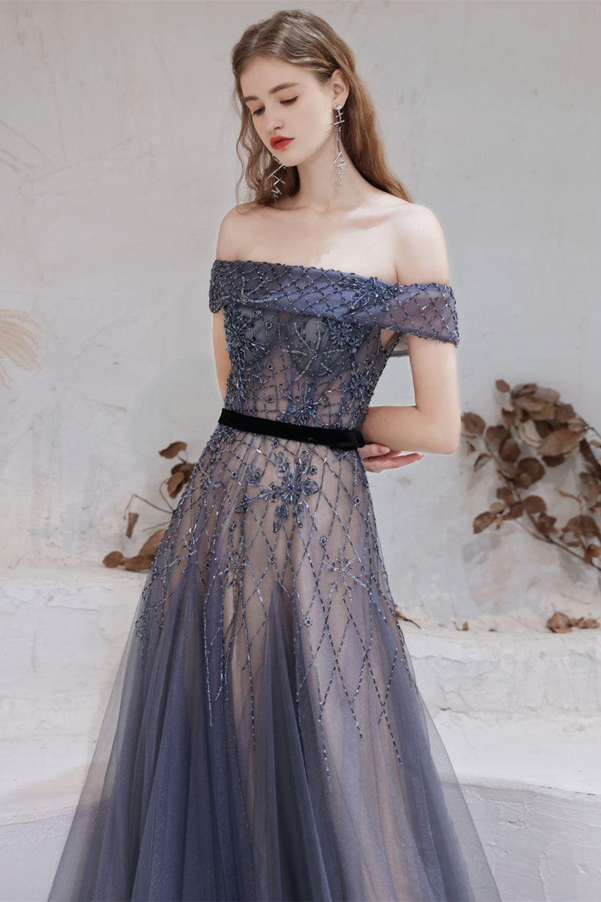 Gorgeous Off-the-Shoulder Tulle Prom Dress With Beadings Online