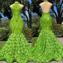 Green Prom Dress Halter Open Back Mermaid Sleeveless Dress With Flower Appliques