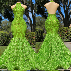 Fabulous High Neck Sleeveless Prom Dress Mermaid Green With Rose Bottom Sequins