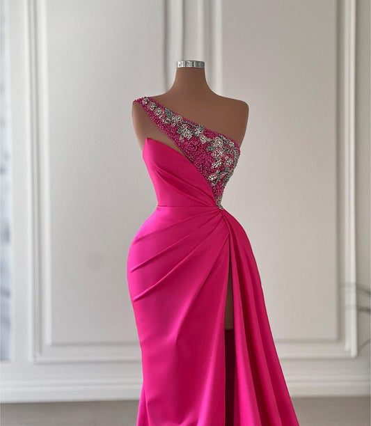 Beautiful Fuchsia One Shoulder Prom Dresses Mermaid Slit Long With Beadings