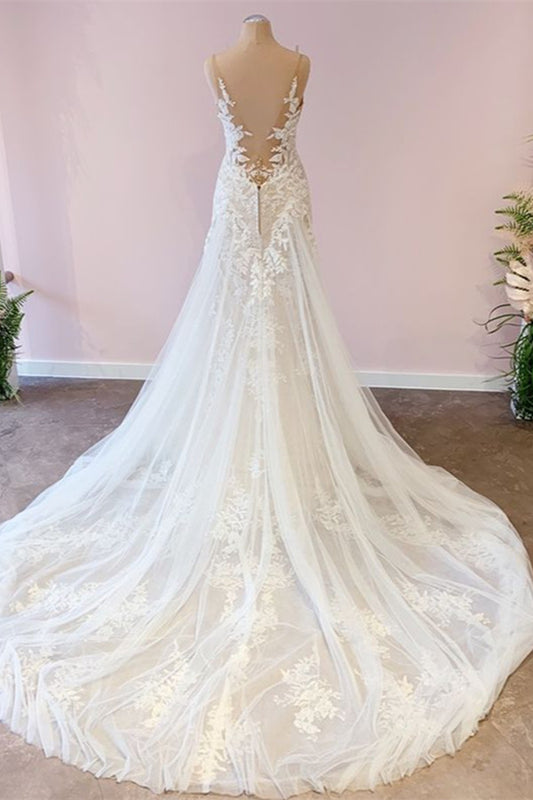 Sweetheart A-Line Wedding Dress with Modest Spaghetti Straps and Lace Appliques in Tulle