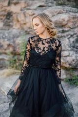 Elegant Black A-Line Wedding Dress with Bateau Neckline, Long Sleeves, and Lace Appliques