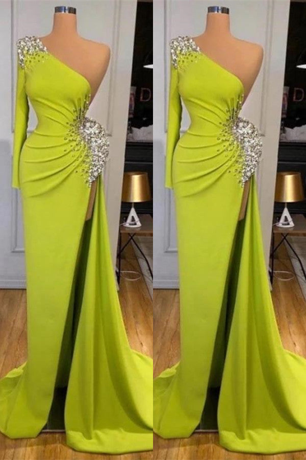 Stunning One Shoulder Long Sleeves Mermaid Prom Dress Split With Beads