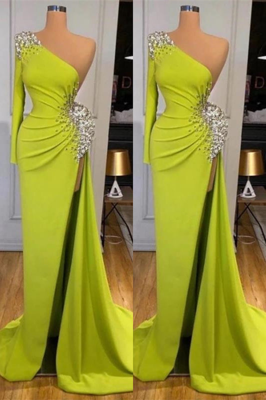 Stunning One Shoulder Long Sleeves Mermaid Prom Dress Split With Beads