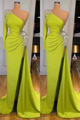 Stunning One Shoulder Long Sleeves Mermaid Prom Dress Split With Beads