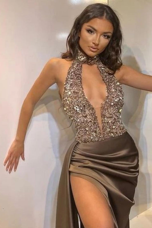 Gorgeous High Neck Sleeveless Mermaid Prom Dress Keyholw High Split With Sequins Ruffles