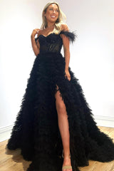 Off-the-Shoulder Pink Prom Dress Feather With Tulle Split