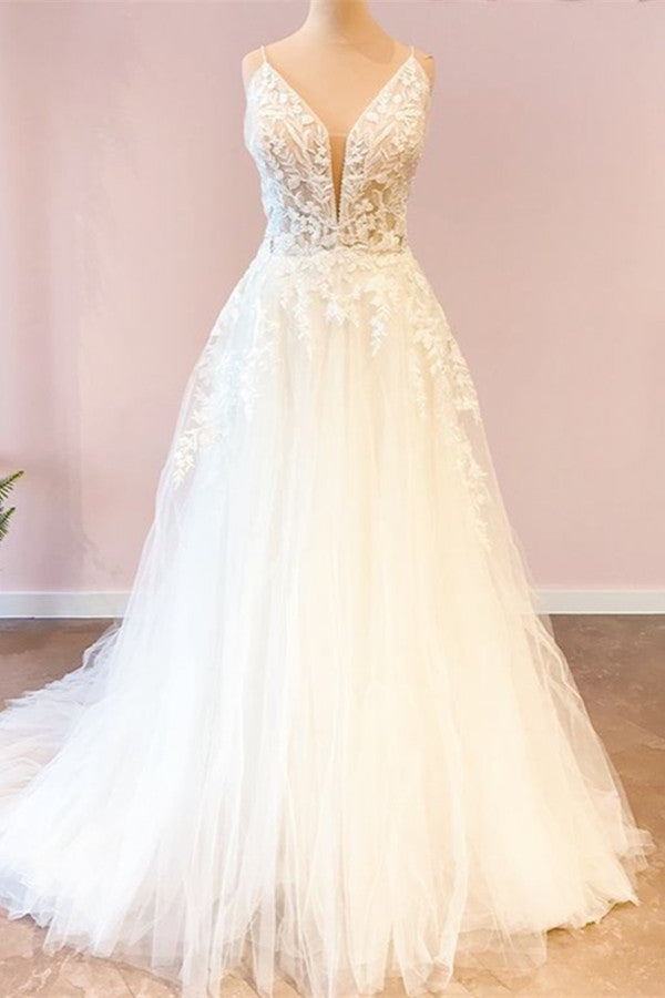 Sweetheart A-Line Wedding Dress with Modern Spaghetti Straps and Floor-Length Tulle