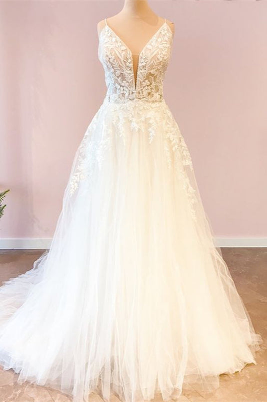 Sweetheart A-Line Wedding Dress with Modern Spaghetti Straps and Floor-Length Tulle