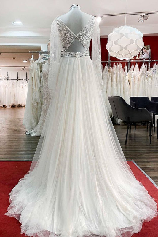 Elegant Sweetheart Neckline Long A-line Bridal Gown With Sleeves Featuring Tulle Beadings and Lace