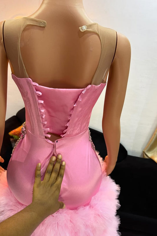 Modern Pink Sleeveless Scoop Prom Dress Mermaid Long With Split Tulle Ruffles Lace-up Back
