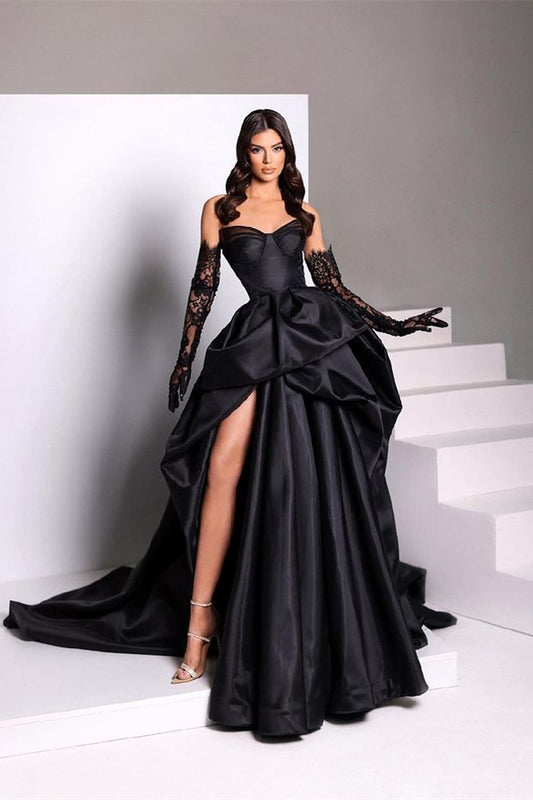  Black Sweetheart Taffeta Prom Dress with Long Lace Gloves High Slit