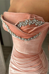 Pink Velvet Prom Dress Beaded Dress With Slit Sleeveless Strapless