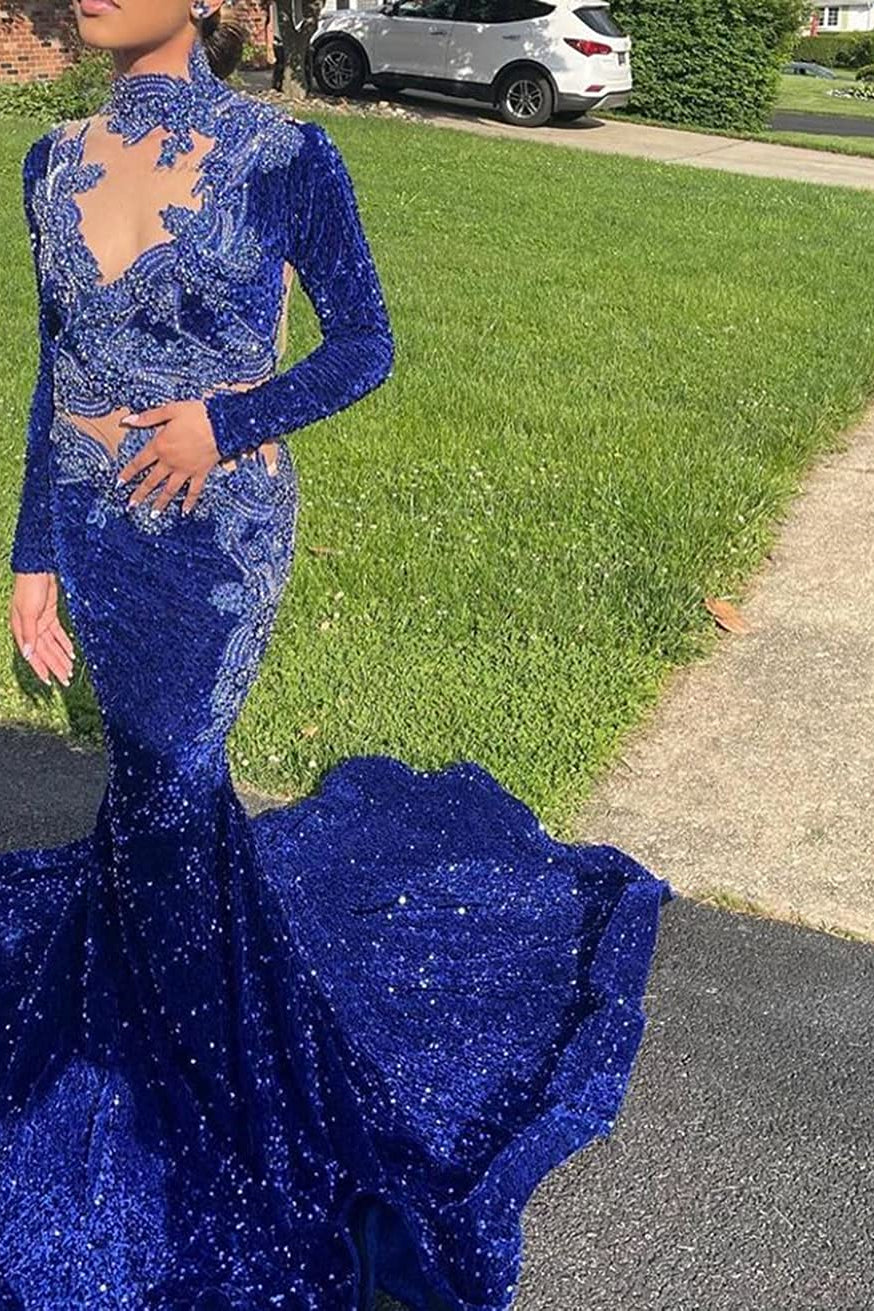 Modern Dark Blue High Neck Mermaid Prom Dress With Sequins Beadings Long Sleeves
