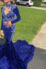 Modern Dark Blue High Neck Mermaid Prom Dress With Sequins Beadings Long Sleeves