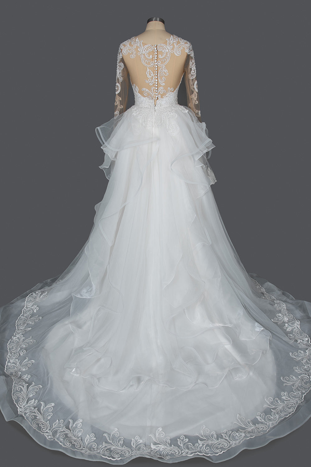 Elegant Long Sleeve Ruffled Ball Gown Wedding Dress Featuring Lace Appliques