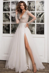 A-Line V-Neck Beaded Tulle Wedding Dress With Long Sleeves and Split